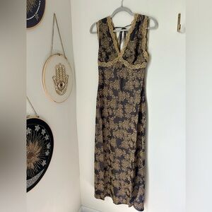 Viral Sincerely Jules Navy Black and Gold Lace Slip Maxi Dress